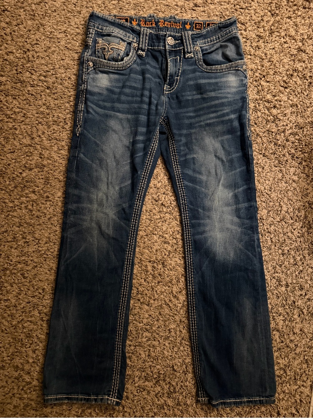 Rock Revival Men's Blue Straight Leg Jeans with Faded Whiskering